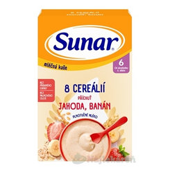SUNAR mliečna KAŠA 8 CEREÁLIÍ jahoda, banán 6m+ 210g