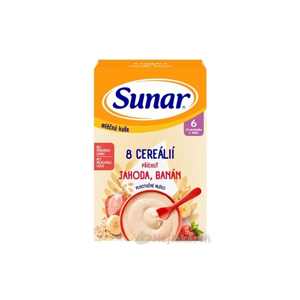 SUNAR mliečna KAŠA 8 CEREÁLIÍ jahoda, banán 6m+ 210g