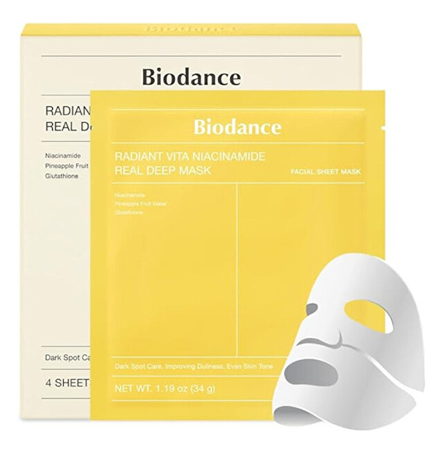 BIODANCE Radiant Vita Niacinamide Real Deep Mask rozjasňujúca maska pre pleť s hyperpigmentáciami balenie 4 x 34 g