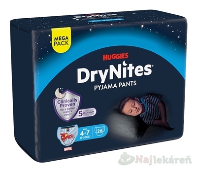 HUGGIES DryNites M chlapci 4-7 rokov MEGA 17-30 kg 26 ks