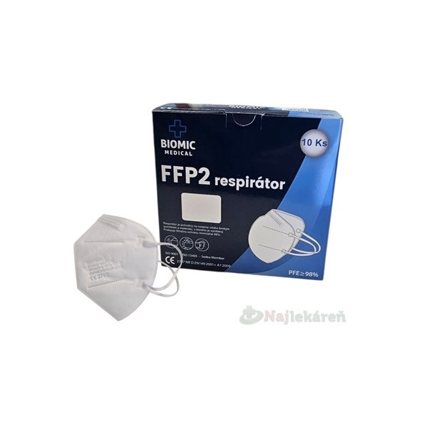 BIOMIC Respirátor FFP2 NR D bez ventilu jednorazový biely 10 ks