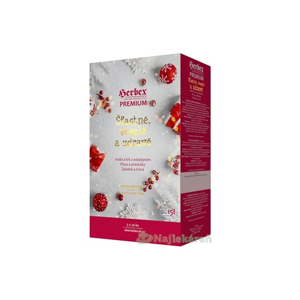 HERBEX Premium Štastné, veselé a zdravé bylinné čaje (Hrdlo s eukalyptom + Pľúca a priedušky + Žalúdok a črevá) vrecúška 3x20 ks