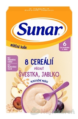SUNAR mliečna KAŠA 8 CEREÁLIÍ slivka, jablko 6m+ 210 g