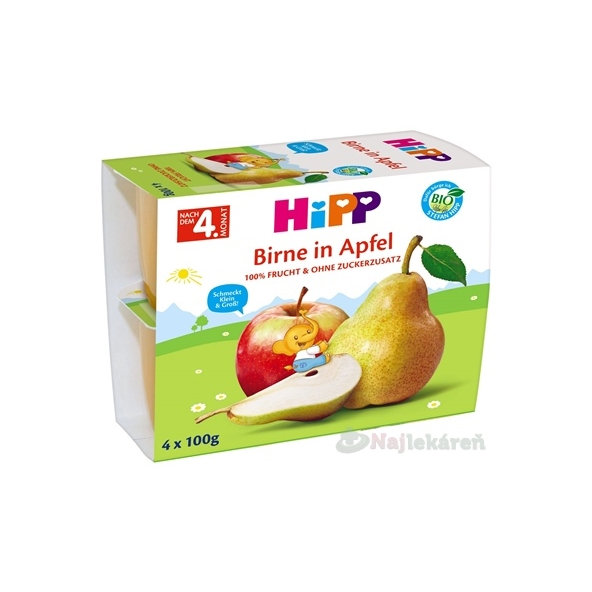 HiPP BIO 100% Ovocie Jablká s hruškami ovocný príkrm 4m+ 4x100 g