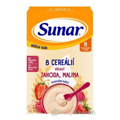 SUNAR mliečna KAŠA 8 CEREÁLIÍ jahoda, malina 8m+ 210 g