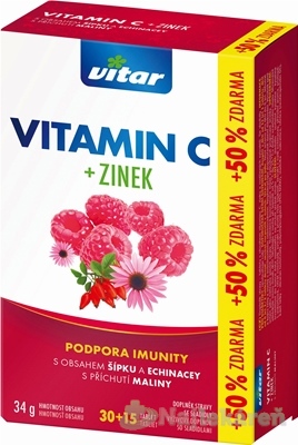 VITAR vitamín C + zinok, echinacea a šípka, príchuť malina 45 ks (30 + 15 ks ZADARMO)