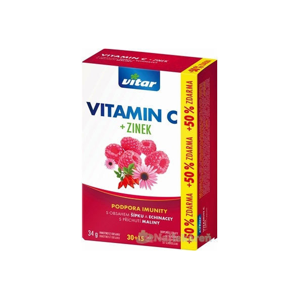 VITAR vitamín C + zinok, echinacea a šípka, príchuť malina 45 ks (30 + 15 ks ZADARMO)