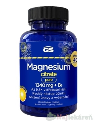 GS Magnesium citrát pure 1340 mg + B6 Darček 70 + 40 tabliet navyše kúpite na Najlekaren.eu