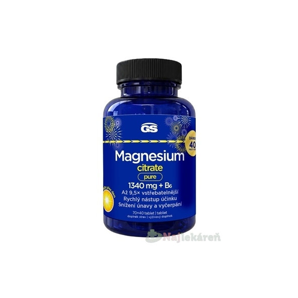 GS Magnesium citrát pure 1340 mg + B6 Darček 70 + 40 tabliet navyše