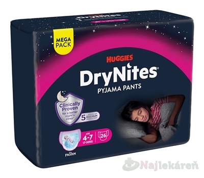 HUGGIES DryNites M dievčatá 4-7 rokov MEGA 17-30 kg 26 ks